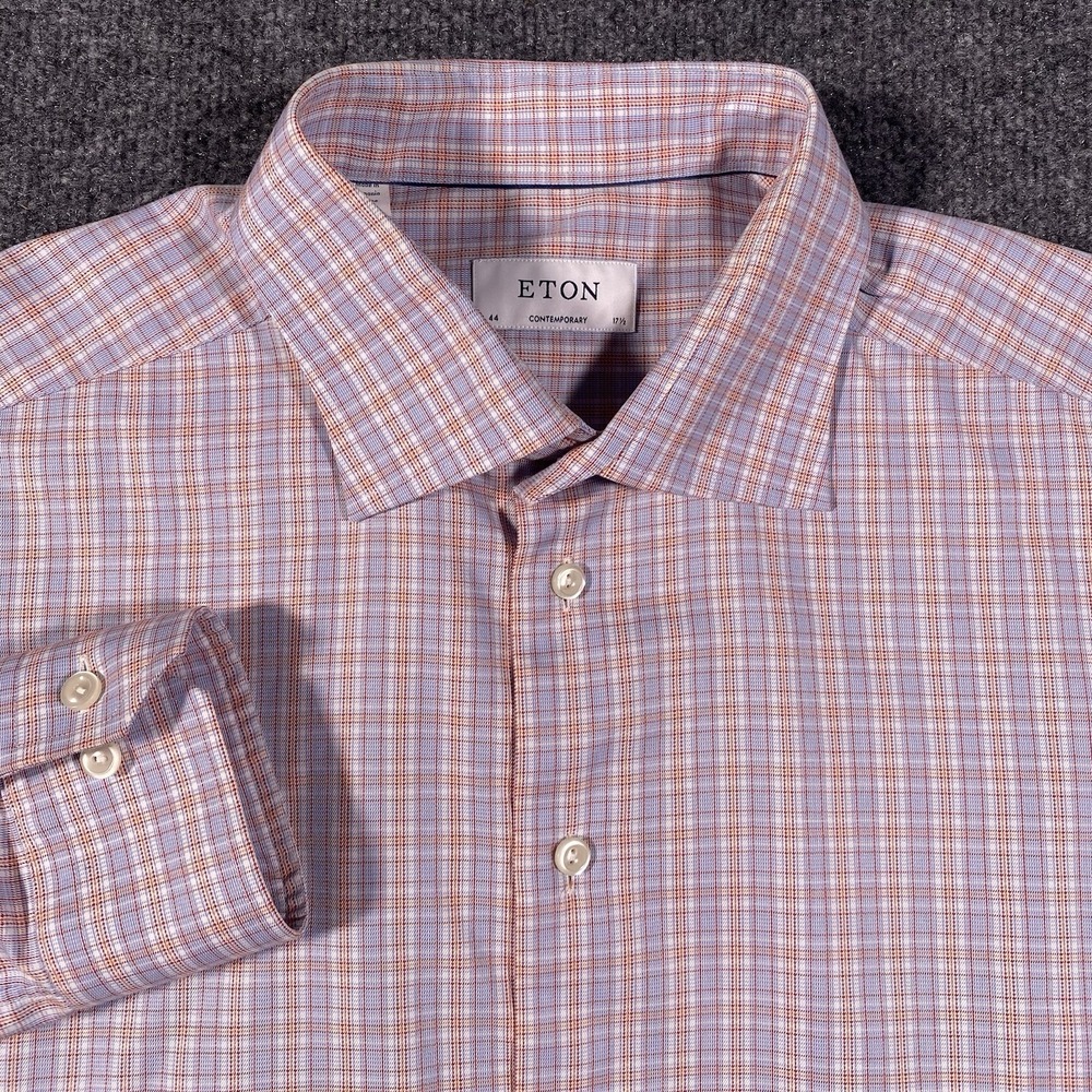 Eton Plaid Contemporary Twill Cotton Long Sleeve Button Shirt Mens Size 44 OCBD